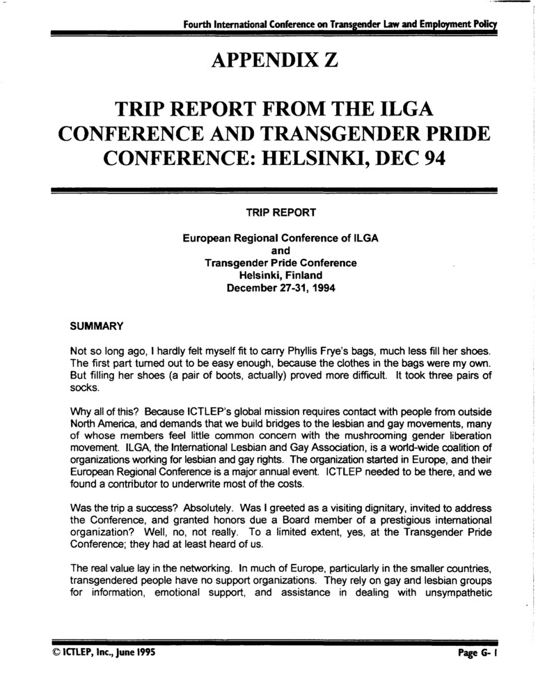 Download the full-sized PDF of Appendix Z: Trip Report from the ILGA Conference and Transgender Pride Conference: Helsinki, Dec. '94