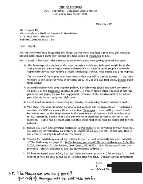 Download the full-sized image of Letter from Jana Thompson to Rupert Raj (May 24, 1987)