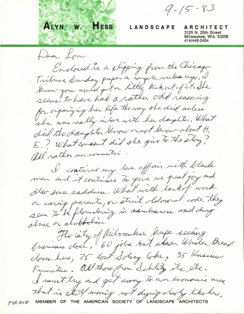 Download the full-sized PDF of Correspondence from Alyn Hess to Lou Sullivan (September 15, 1983)