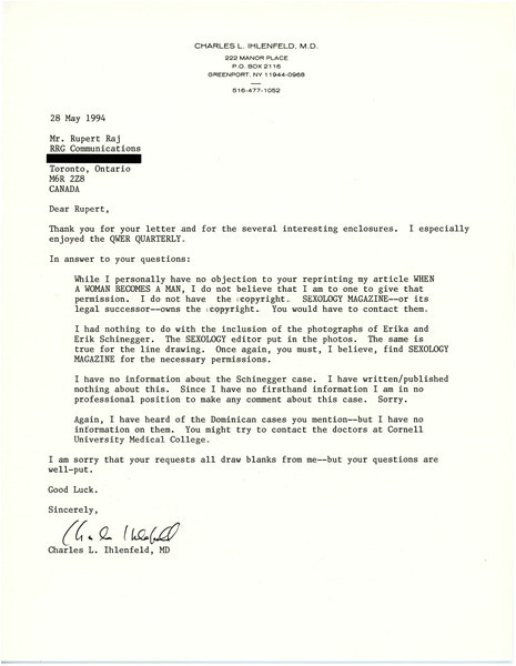 Download the full-sized image of Letter from Dr. Charles Ilhenfeld to Rupert Raj (May 28, 1994)