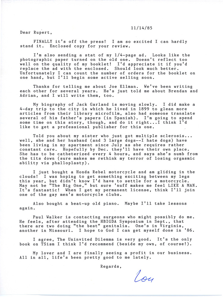 Download the full-sized PDF of Letter from Lou Sullivan to Rupert Raj (November 14, 1985)