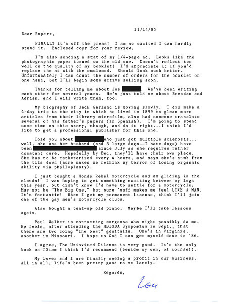 Download the full-sized PDF of Letter from Lou Sullivan to Rupert Raj (November 14, 1985)