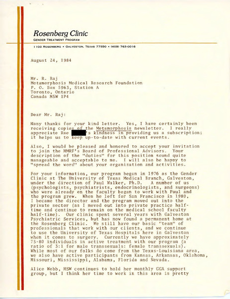 Download the full-sized image of Letter from Dr. Collier M. Cole to Rupert Raj (August 24, 1984)