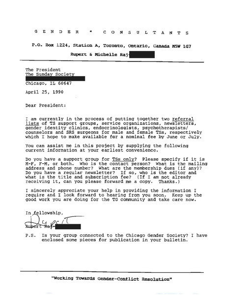 Download the full-sized image of Letter from Rupert Raj to the President of the Sunday Society (April 25, 1990)