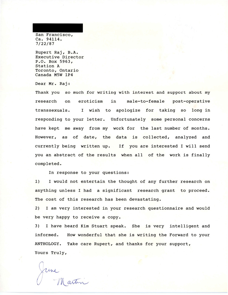 Download the full-sized PDF of Letter from June Martin to Rupert Raj (July 22, 1987)