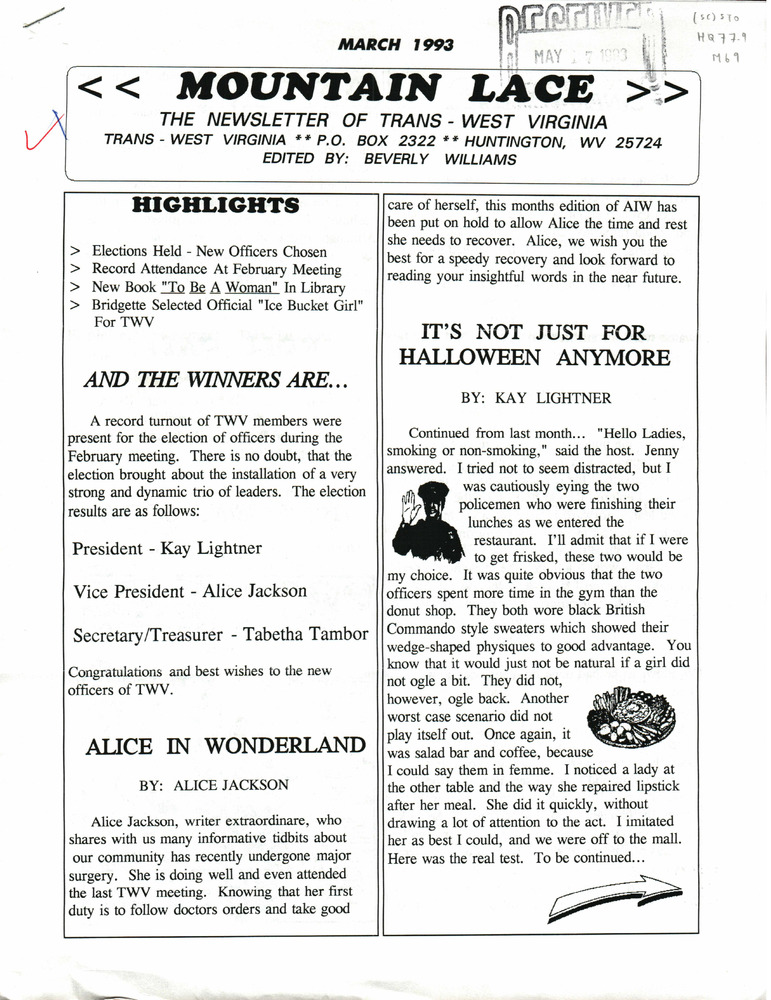 Download the full-sized PDF of Mountain Lace: The Newsletter of Trans - West Virginia (March, 1993)